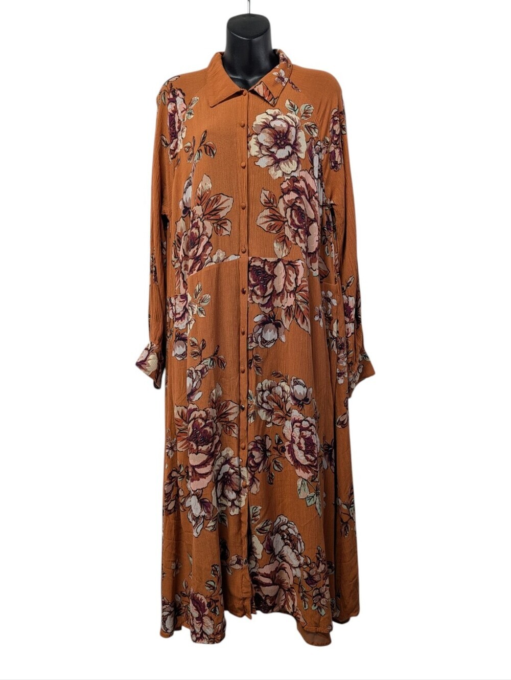 Miss Me Burnt Orange Floral Crinkle Button Down Maxi Shirt Dress Size L Pockets